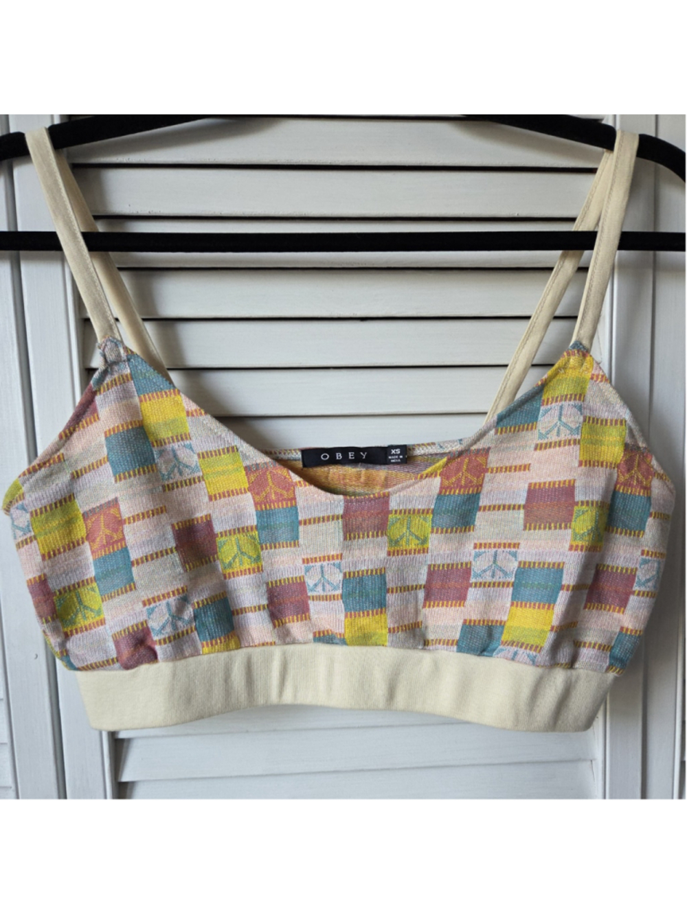 Women's Obey Crop Top XS Beige Multi-color Peace Sign Patchwork Print